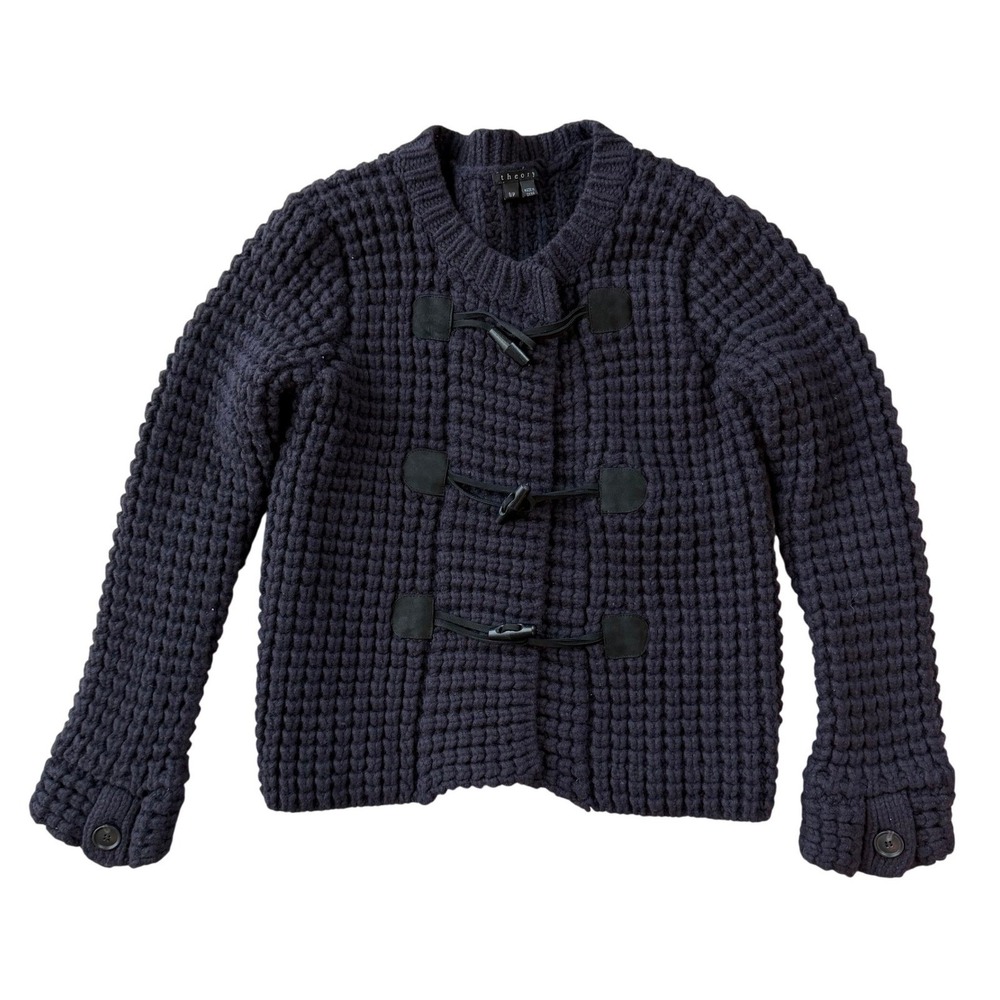 Theory Navy Wool Cashmere Chunky Waffle Knit Toggle Cardigan Women's S/P‎